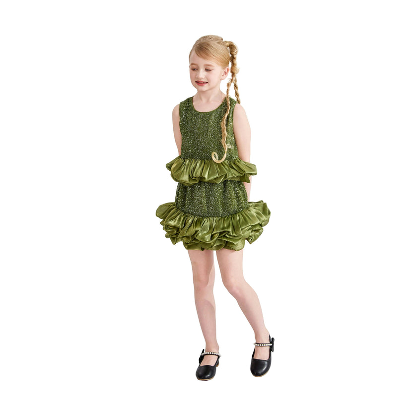 Green Evadelle Satin Ruffle Skirt Set