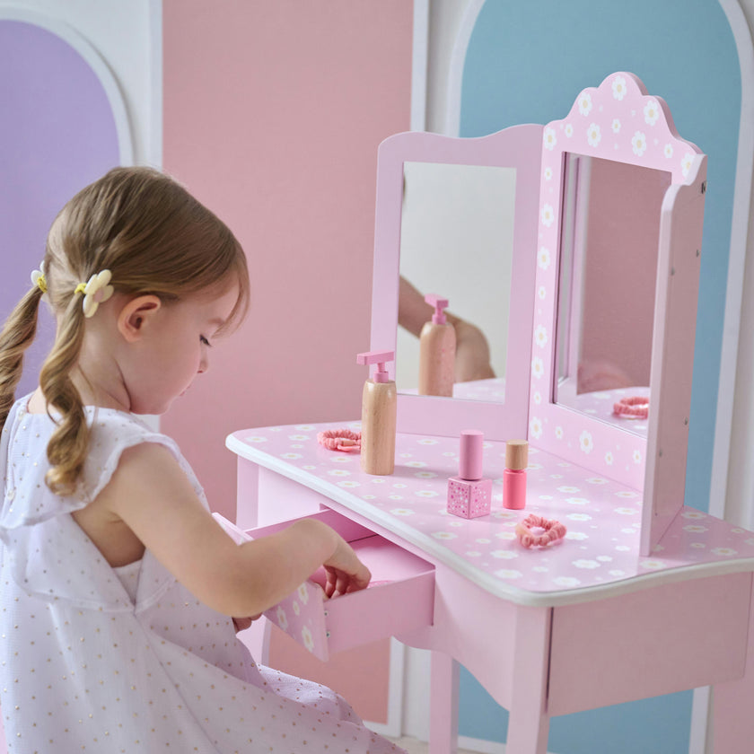 Daisy Gisele Wood Vanity with Tri-Fold Mirror and Drawer, Pink