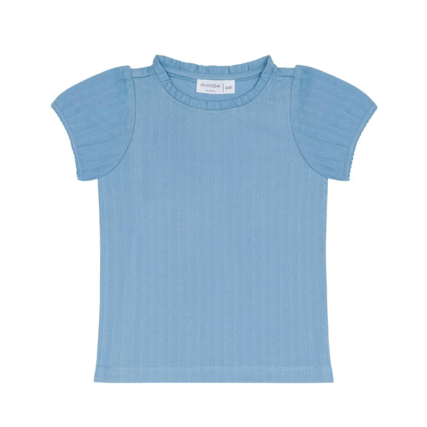 girls dusk blue ruffle pointelle puff sleeve shirt