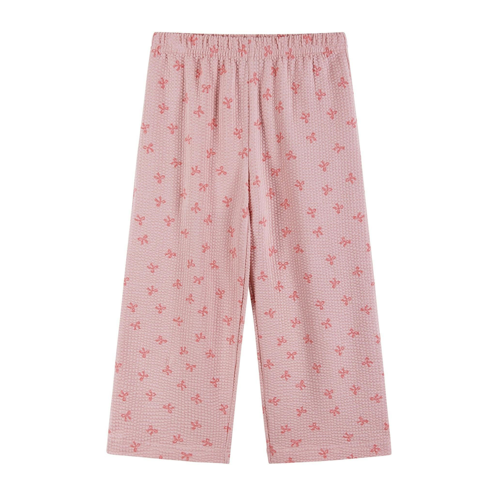 Girls Knit Seersucker Top & Pant Set | Pink Bow Print