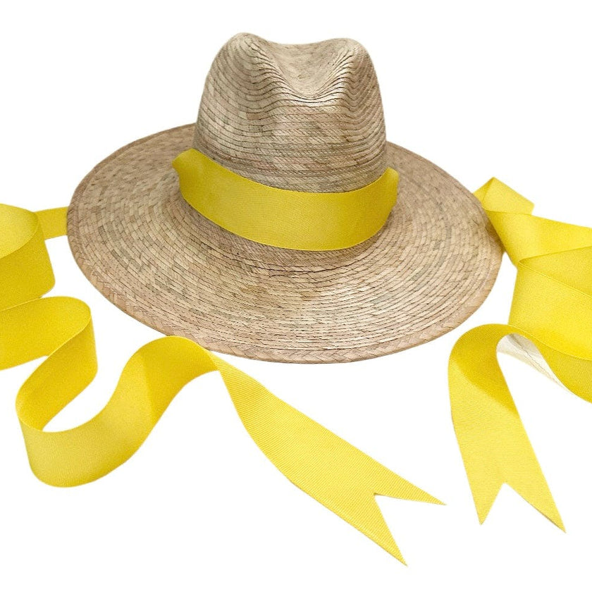 Zinnia Sun Hat for Little Girls (Age 4-10) - Long Yellow Grosgrain Ribbon