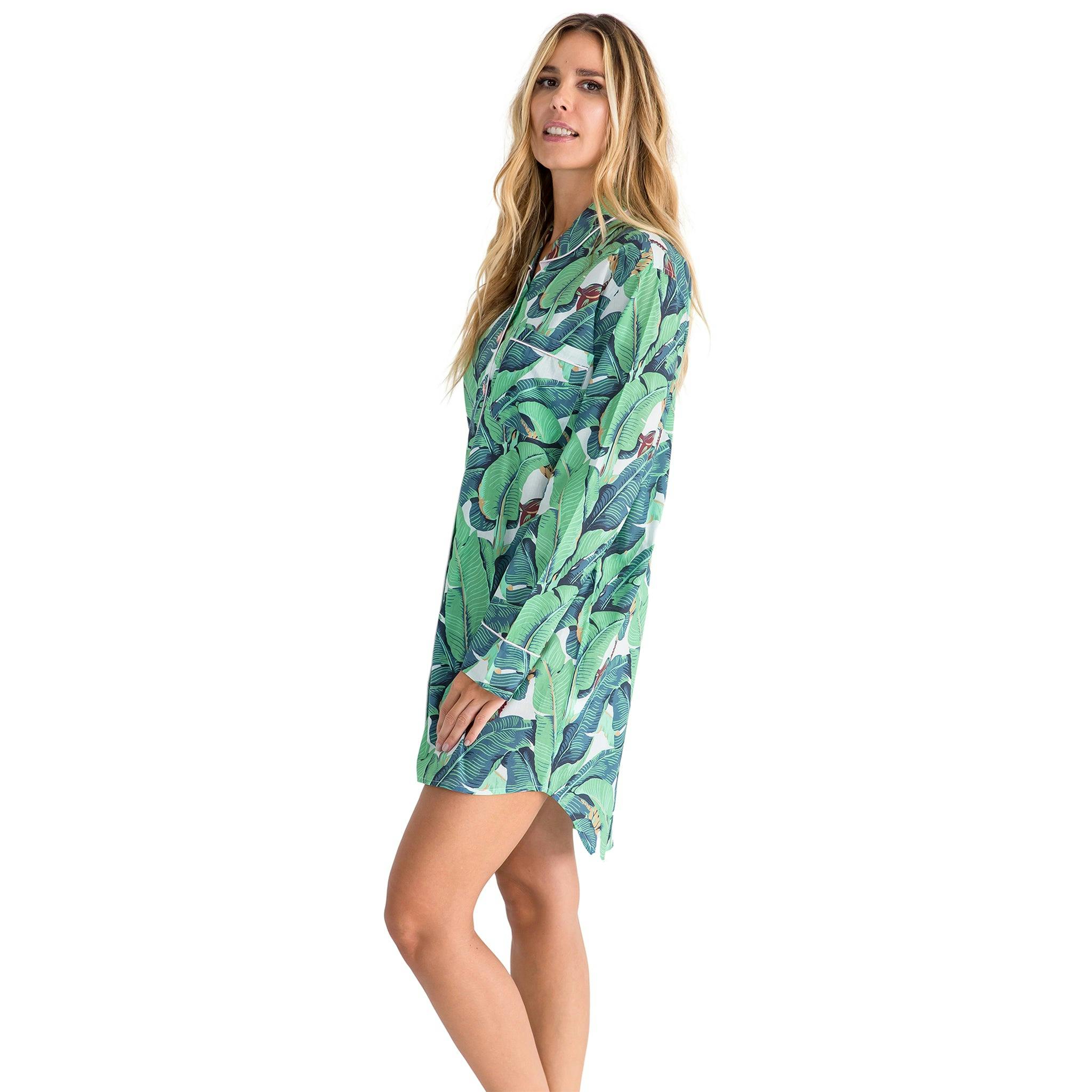 Women's Martinique® Green Banana Leaf Night Shirt - Organic Cotton Poplin