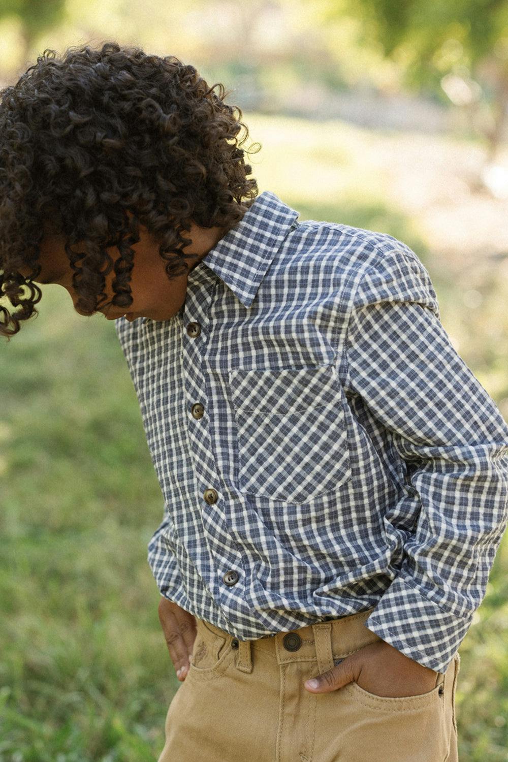 Boys John Shirt in Prussian Blue Plaid