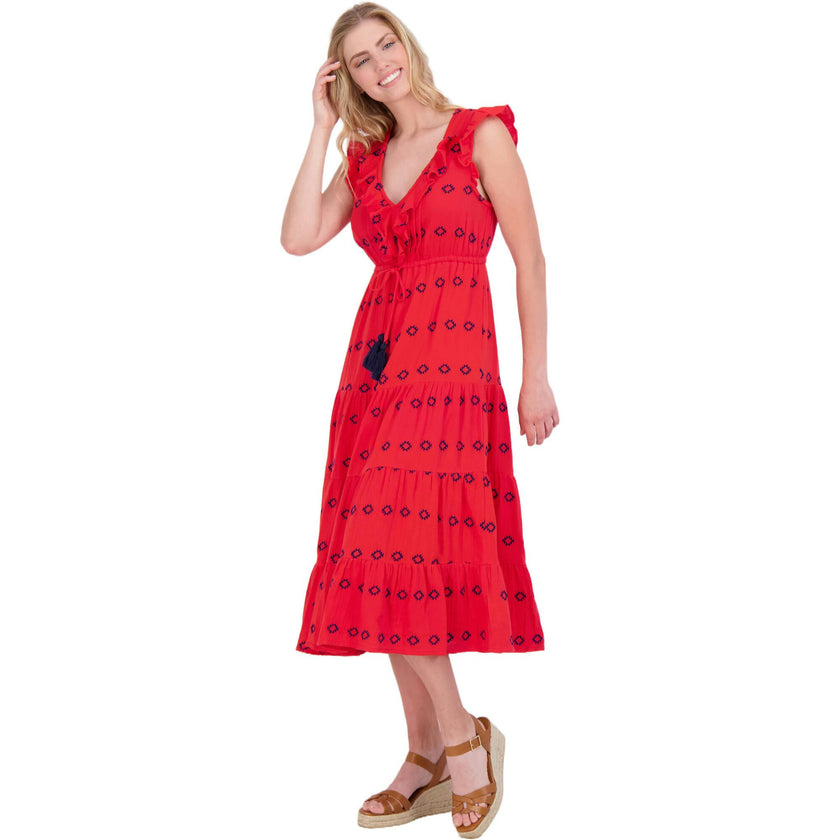 Women's Giselle Ruffle V-Neck Embroidered Maxi Dress, Red