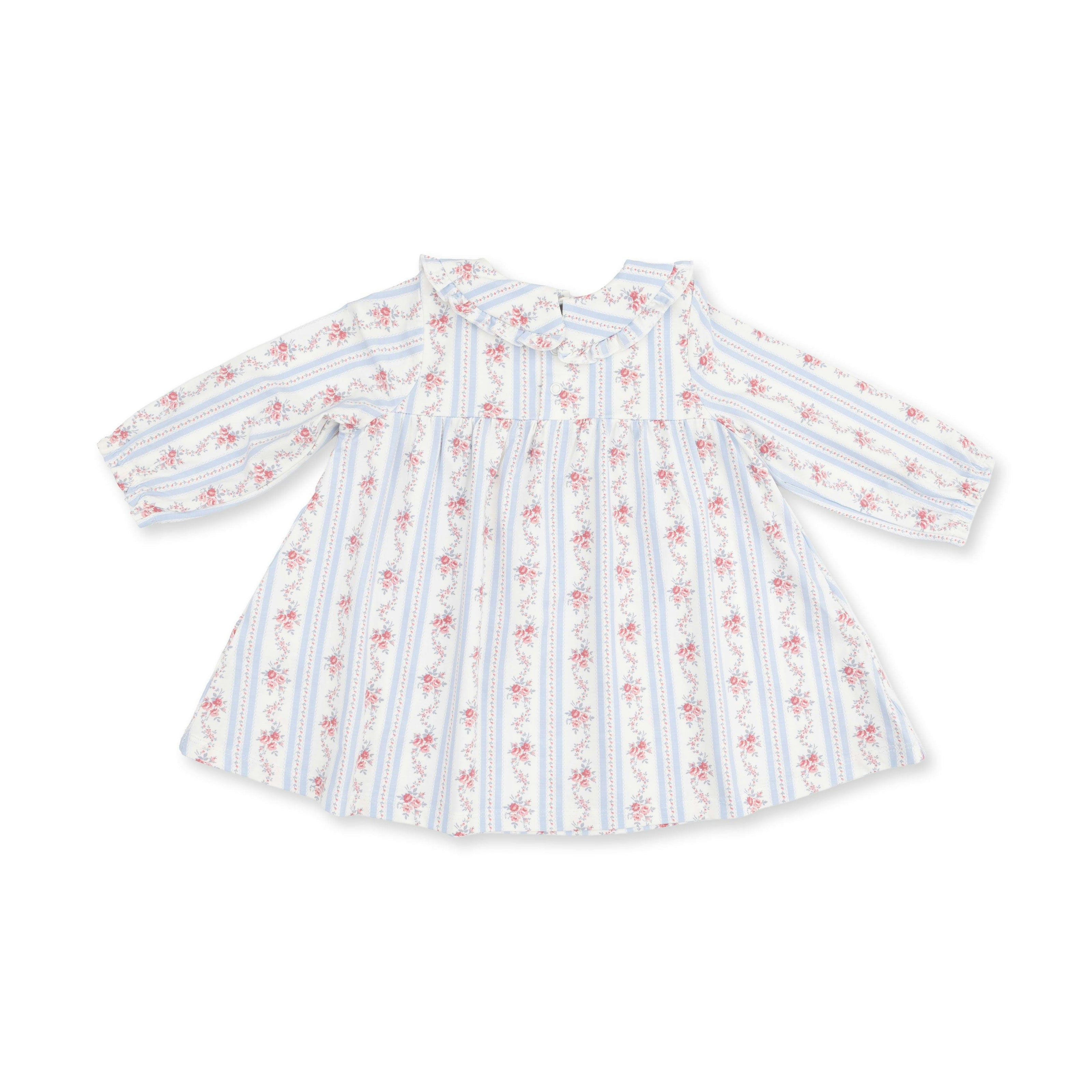 Anna Floral Stripe - Long Sleeve Peter Pan Ruffle Collar Dress and Bloomer