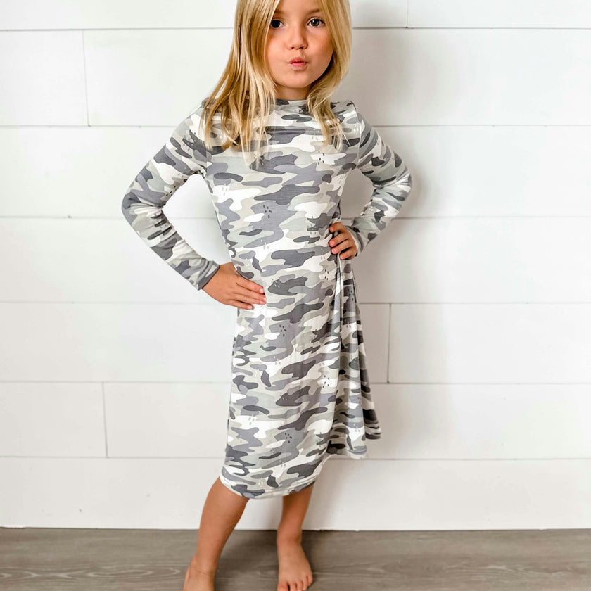Grey Camo Bamboo Girls' Long Sleeve Dress