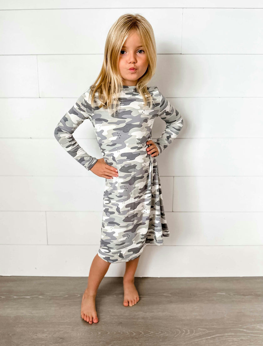 Grey Camo Bamboo Girls' Long Sleeve Dress