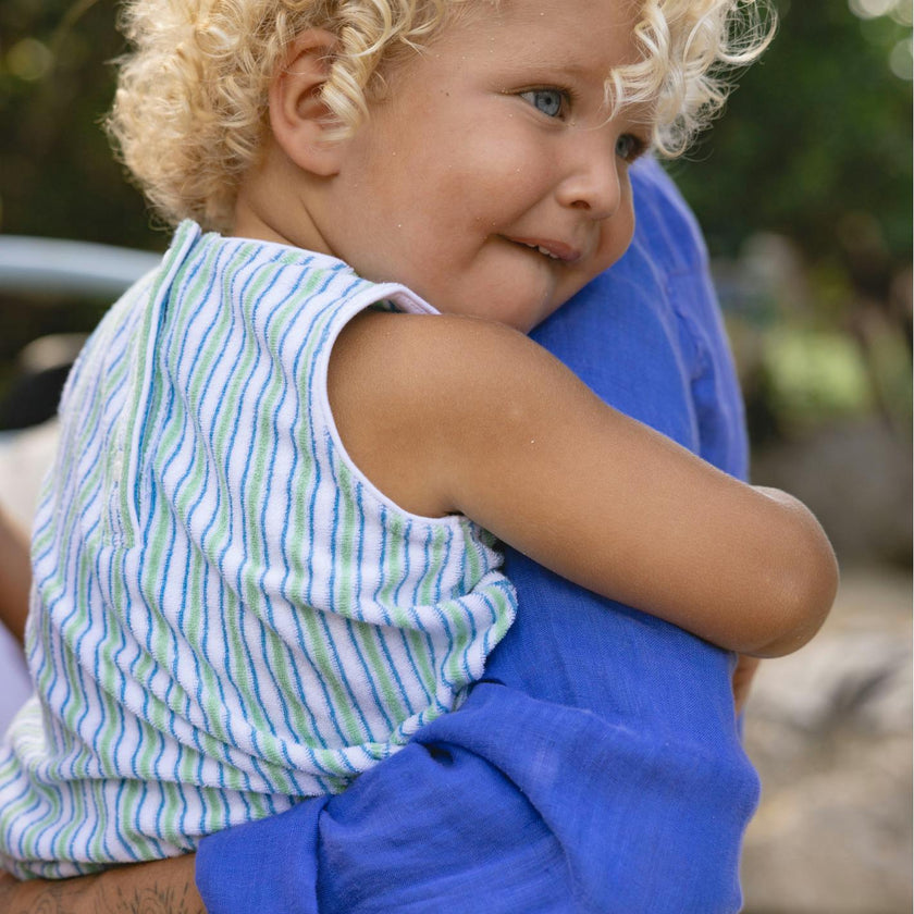 baby tamarin stripe french terry bubble romper