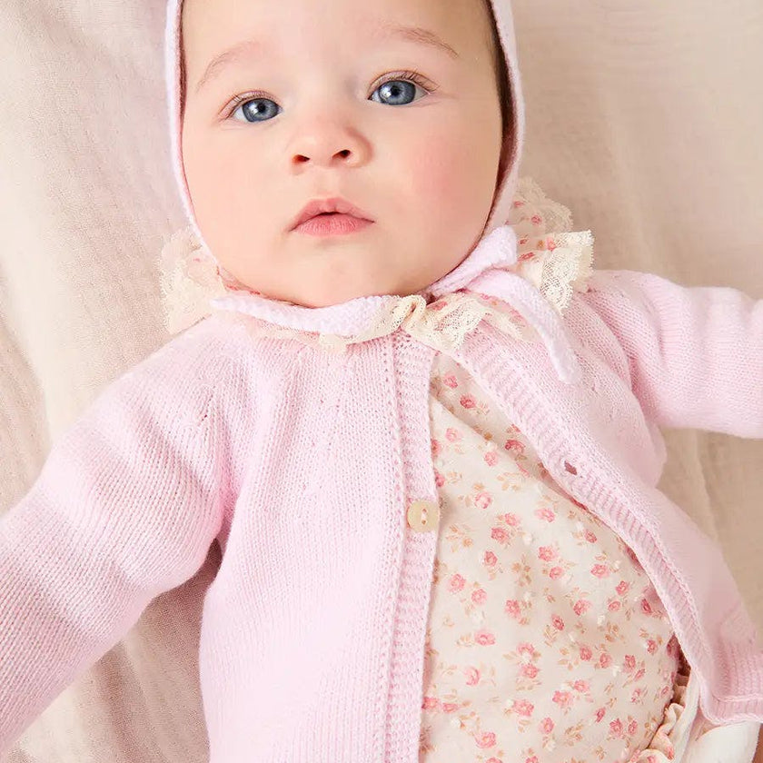 Martha Floral Ruffle Collar Lace Trim Long Sleeve Blouse in Pink (1mth-12mths)