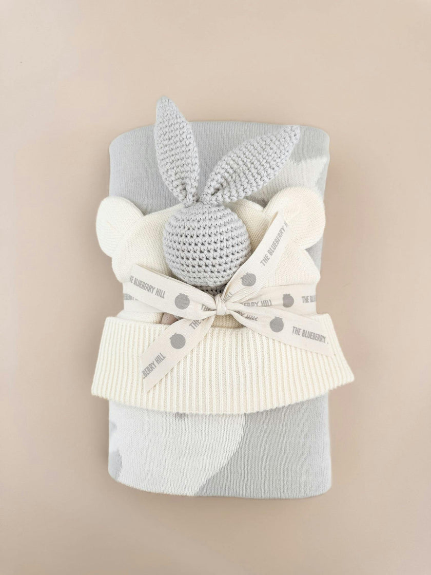 Star Moon Blanket Bunny Rattle Grey Gift Set