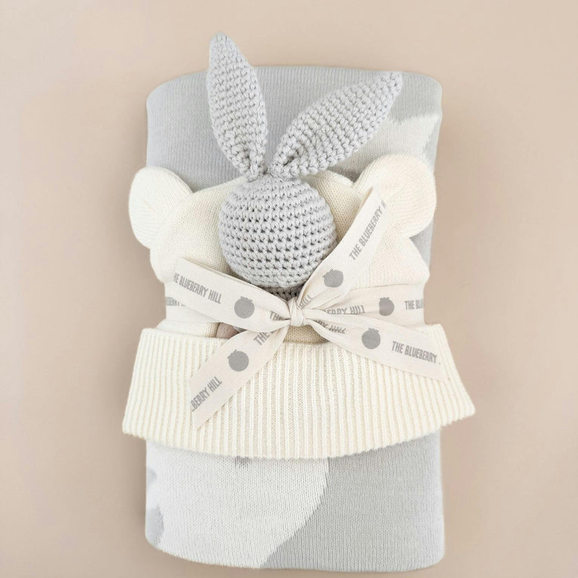 Star Moon Blanket Bunny Rattle Grey Gift Set