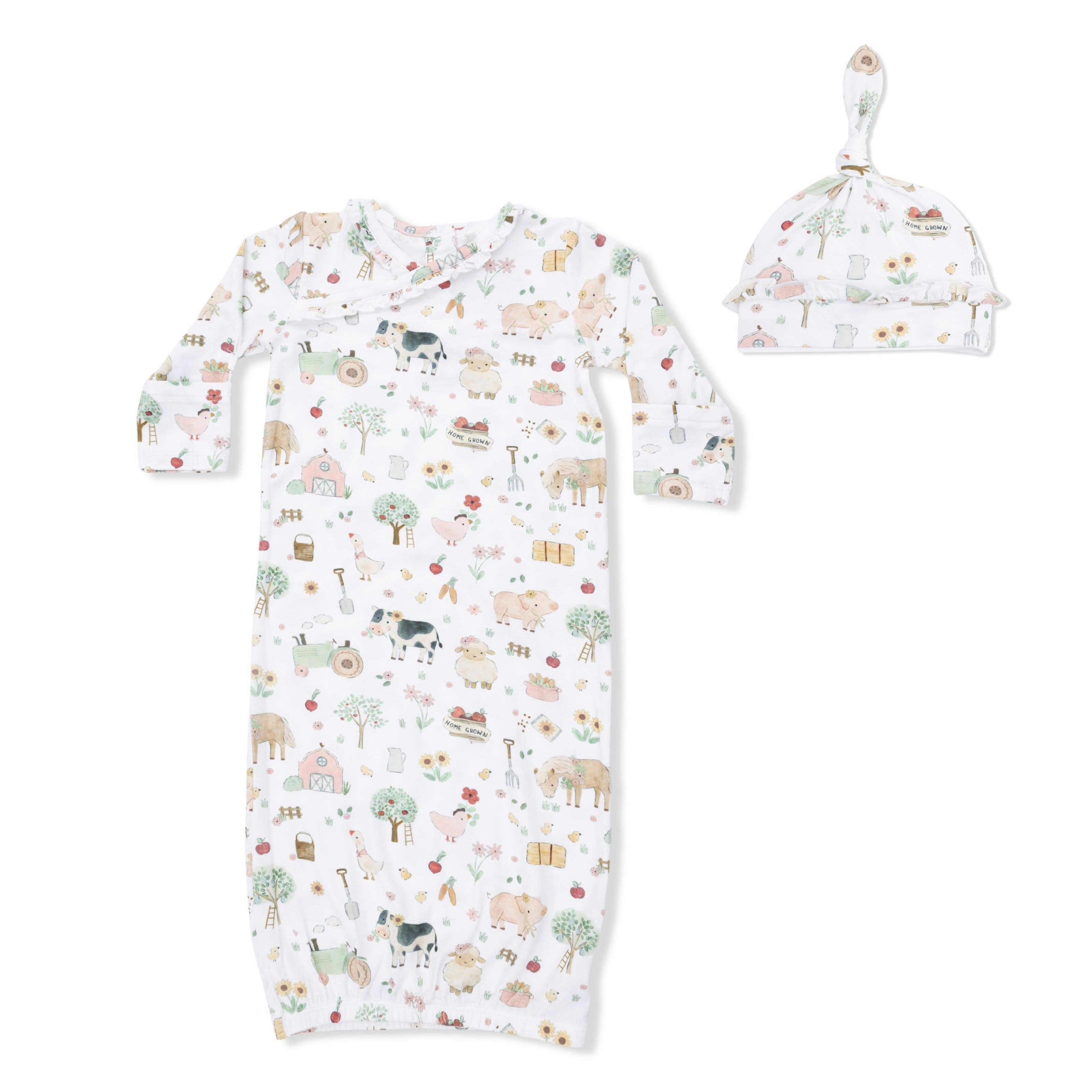 Cute Farm Animals Pink - Kimono Gown & Ruffle Knotted Hat