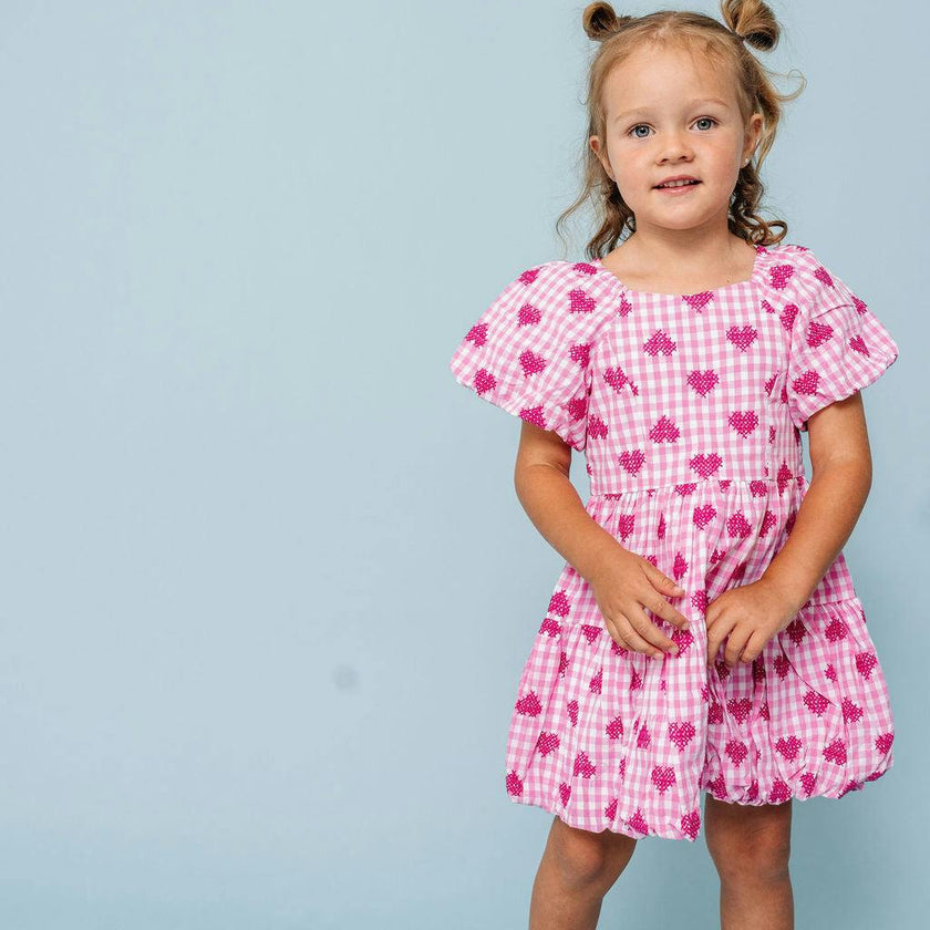 Pink Gingham Hearts Embroidery Girls Daphne Dress