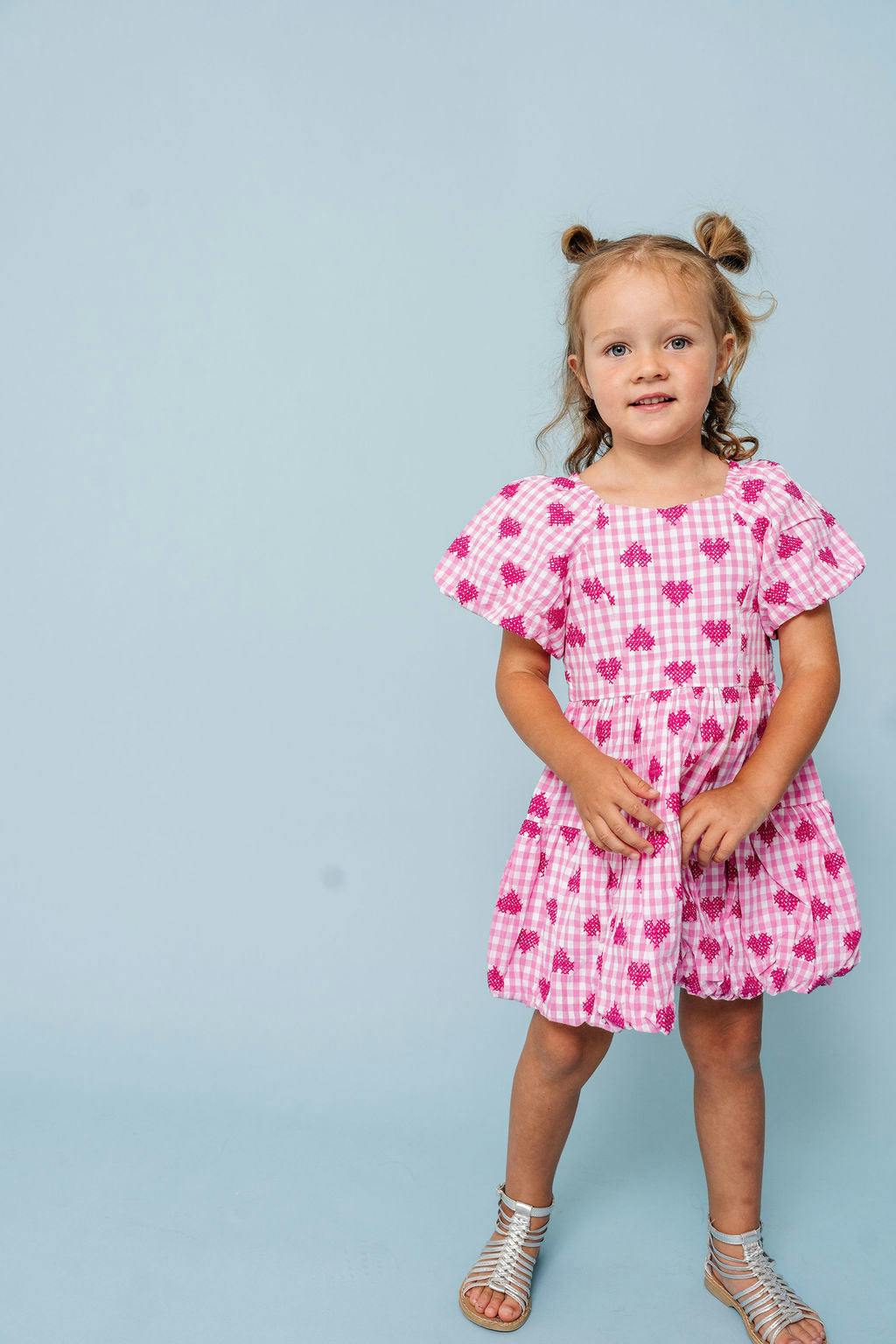 Pink Gingham Hearts Embroidery Girls Daphne Dress