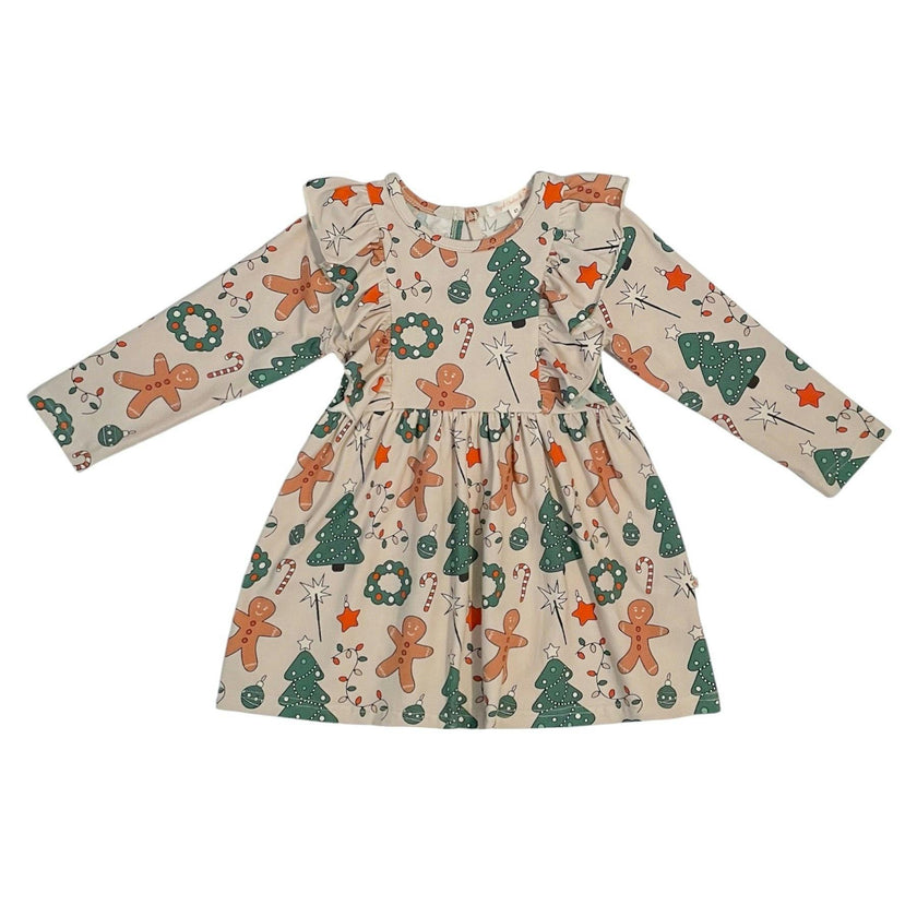 Girl's Holiday Gingerbread Festivities Ruffled Dress
