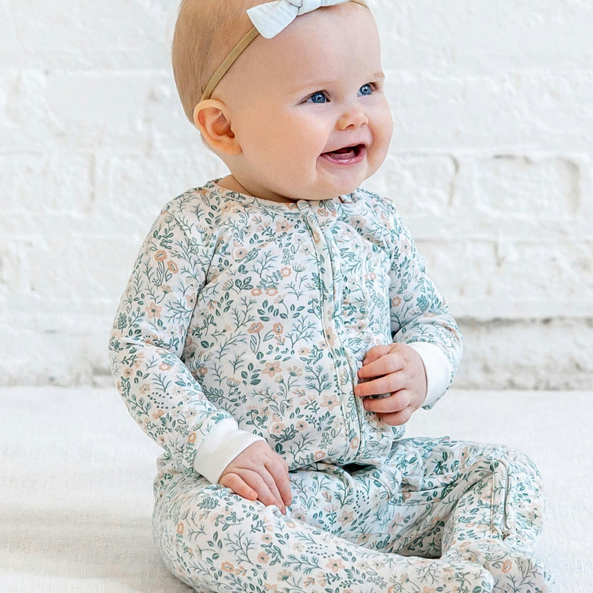 Neve Ruffle Zipper Footed Romper - Merion Floral / Laguna + Shell
