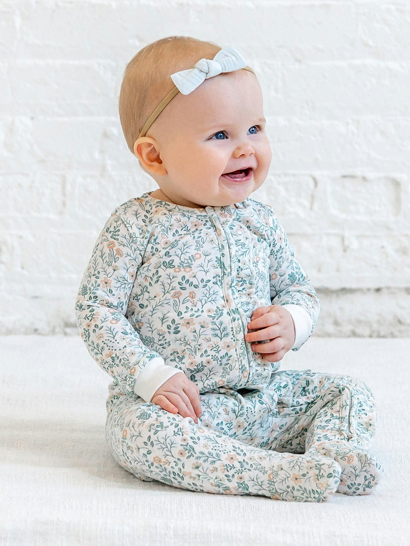 Neve Ruffle Zipper Footed Romper - Merion Floral / Laguna + Shell