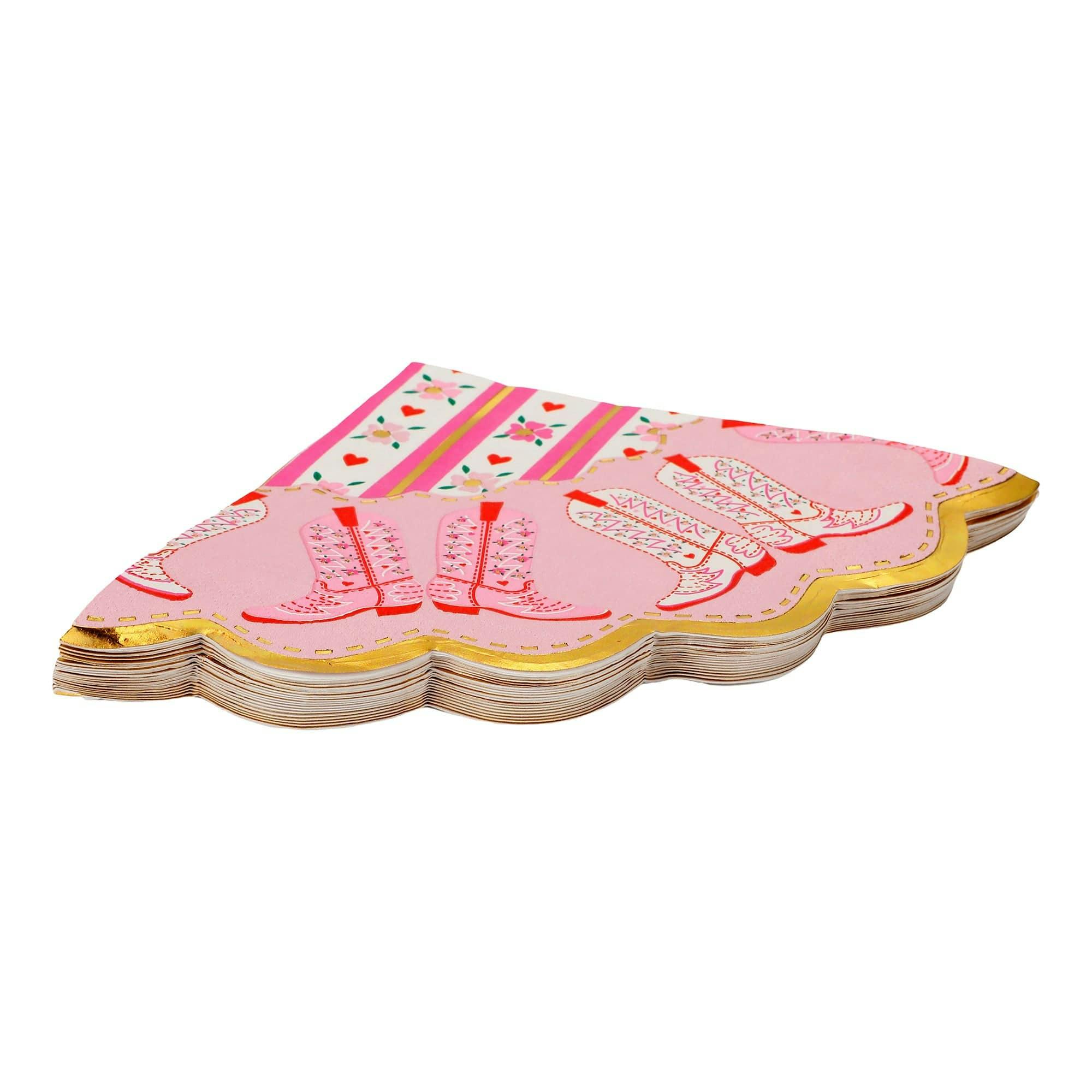 Packed Party Boot Scoot Blooms Western Dinner Napkins 20ct - Gold Foil Scalloped Pink Western Pattern 3-Ply Napkins for Western Parties