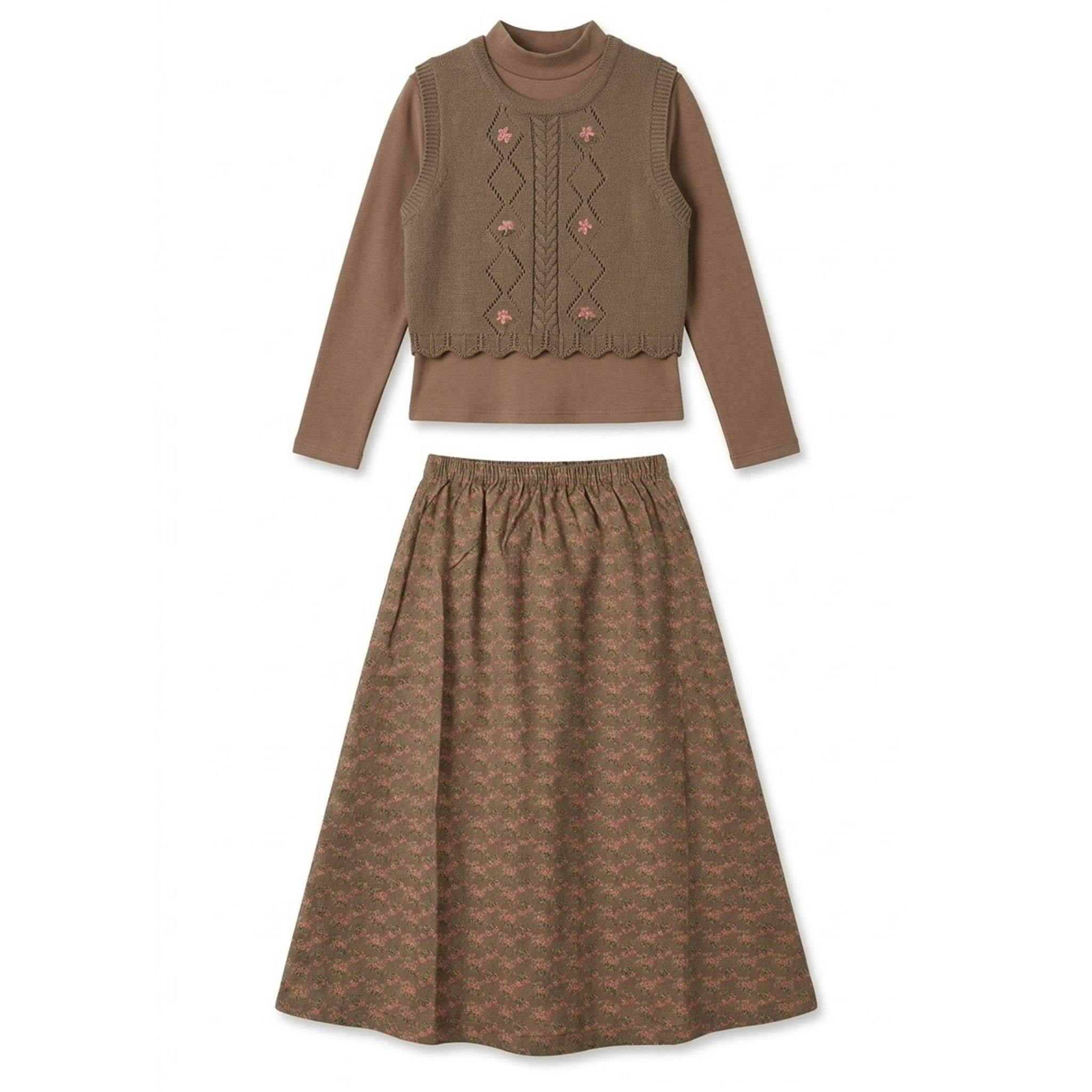 Mock Neck Top, Floral Skirt & Vest Set