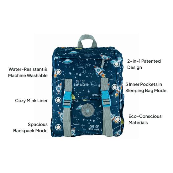 Sleep-n-Pack: Packable Little Kid's Sleeping Bag & Backpack, Cozy Mink, Space & Rockets