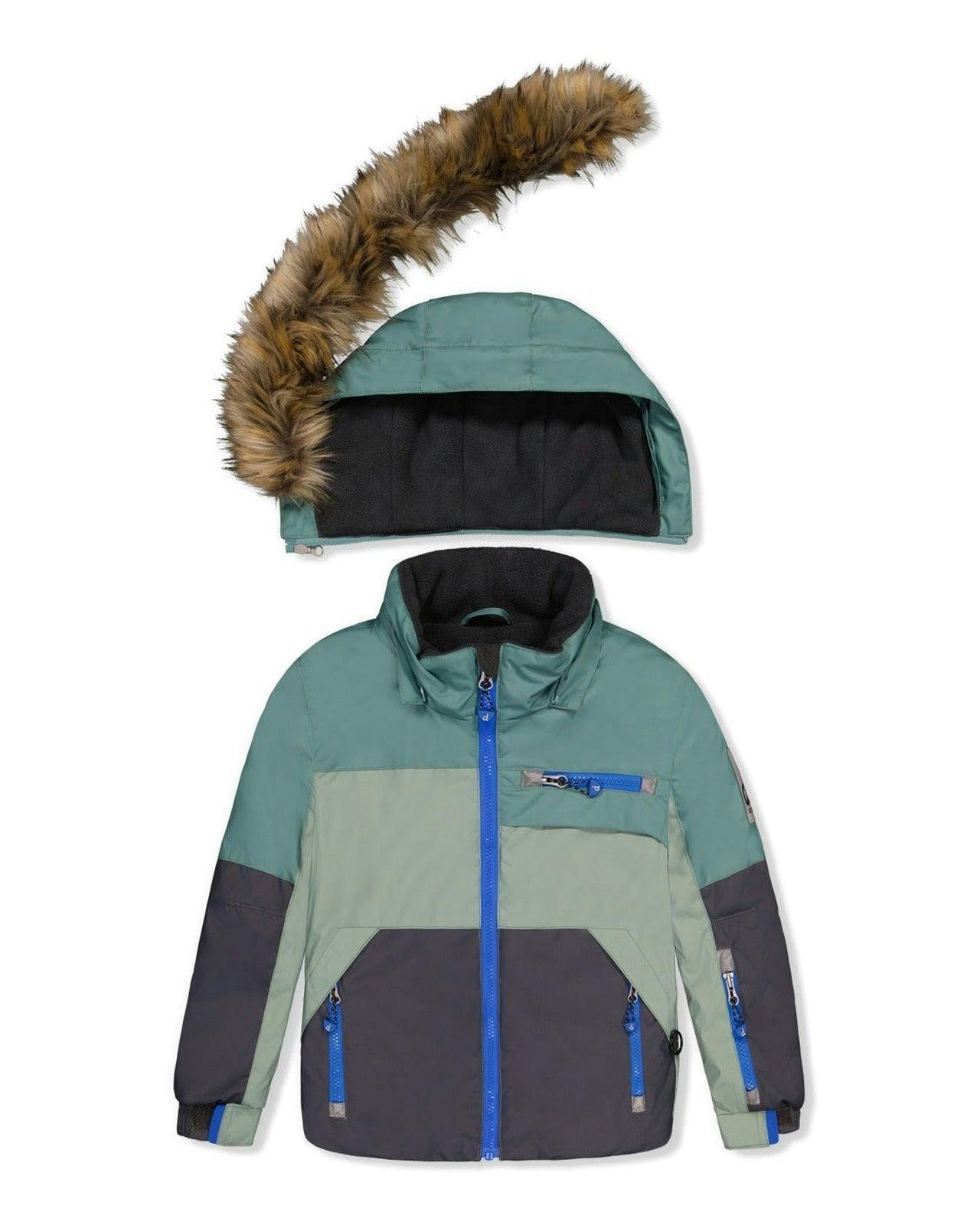 Two Piece Play Snowsuit Green And Navy Colorblock With Blue Camouflage Pants