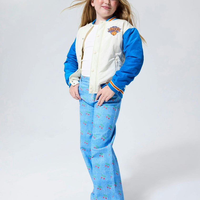 New York Knicks Basketball Youth Bomber Jacket in Sugar Swizzle and Blue