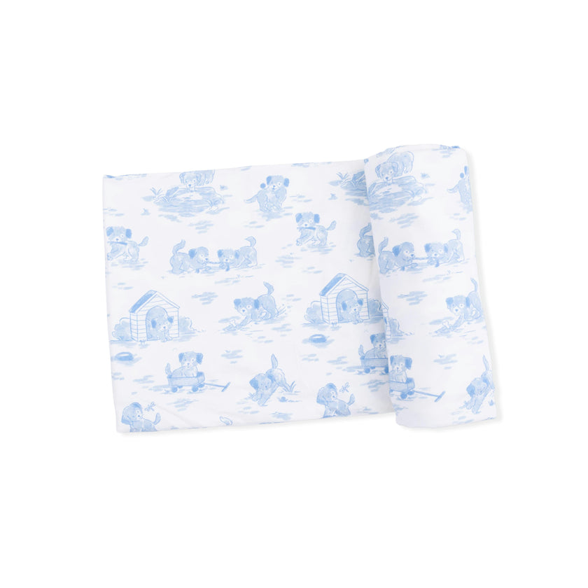 Puppy Toile Blue -  2 Way Zipper Footie, Swaddle  & Bandana Bib Set