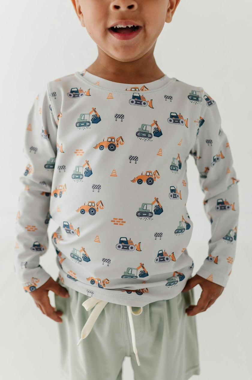 Boys Long Sleeve Rash Guard Swim Shirt in Construction