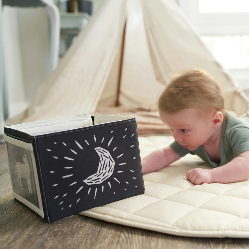 Soft Tummy Time Book w/Large Stimulating Baby Safe Mirror - High Contrast Montessori Toy w/Mirror, Crinkle Filling & Silicone Teether - For Newborn Development