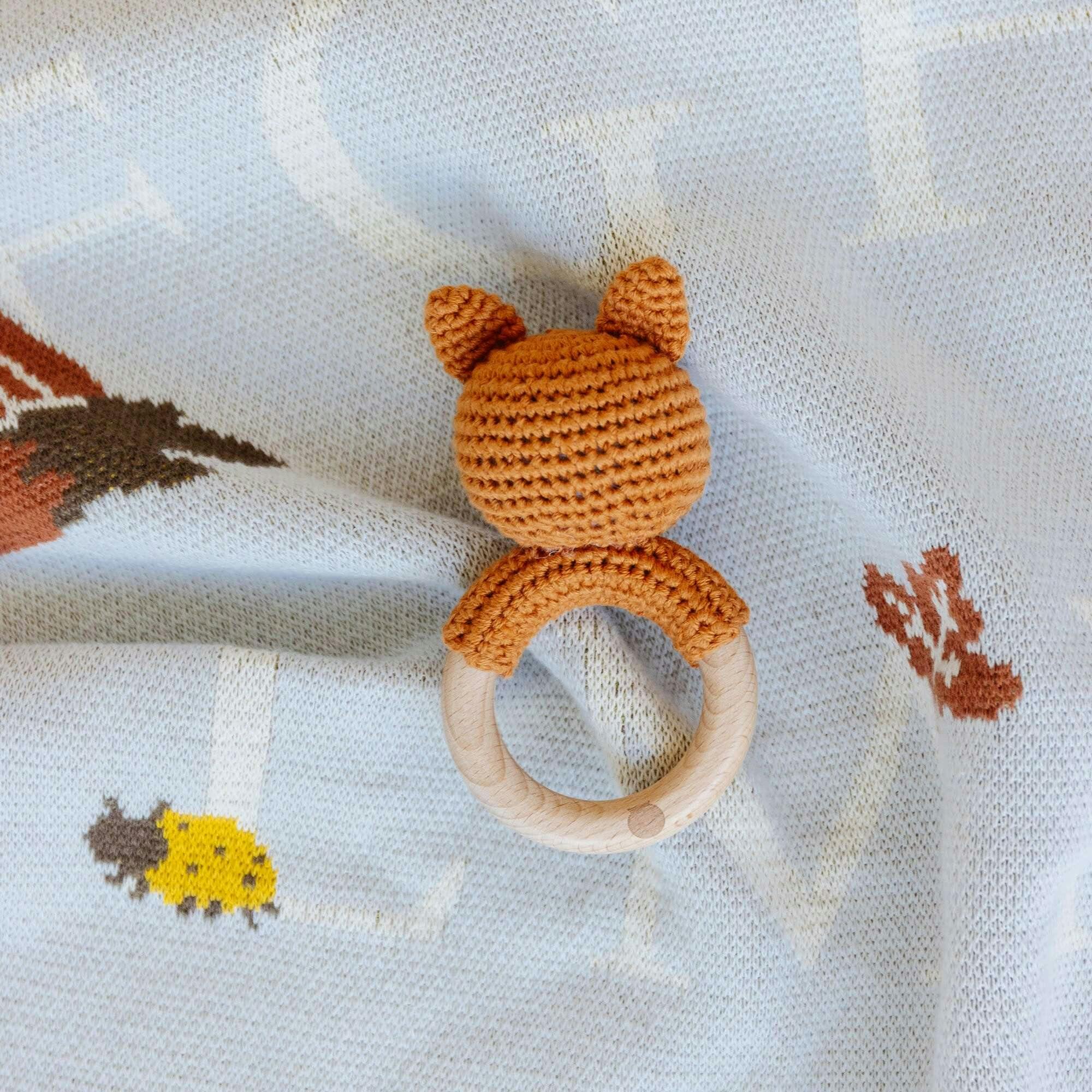 Blue Stripe Swaddle and Teether Set - Fox