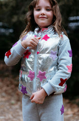 Remy Metallic Patch Puffer Vest, Silver Stars