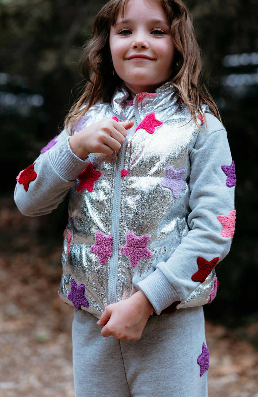 Remy Metallic Patch Puffer Vest, Silver Stars