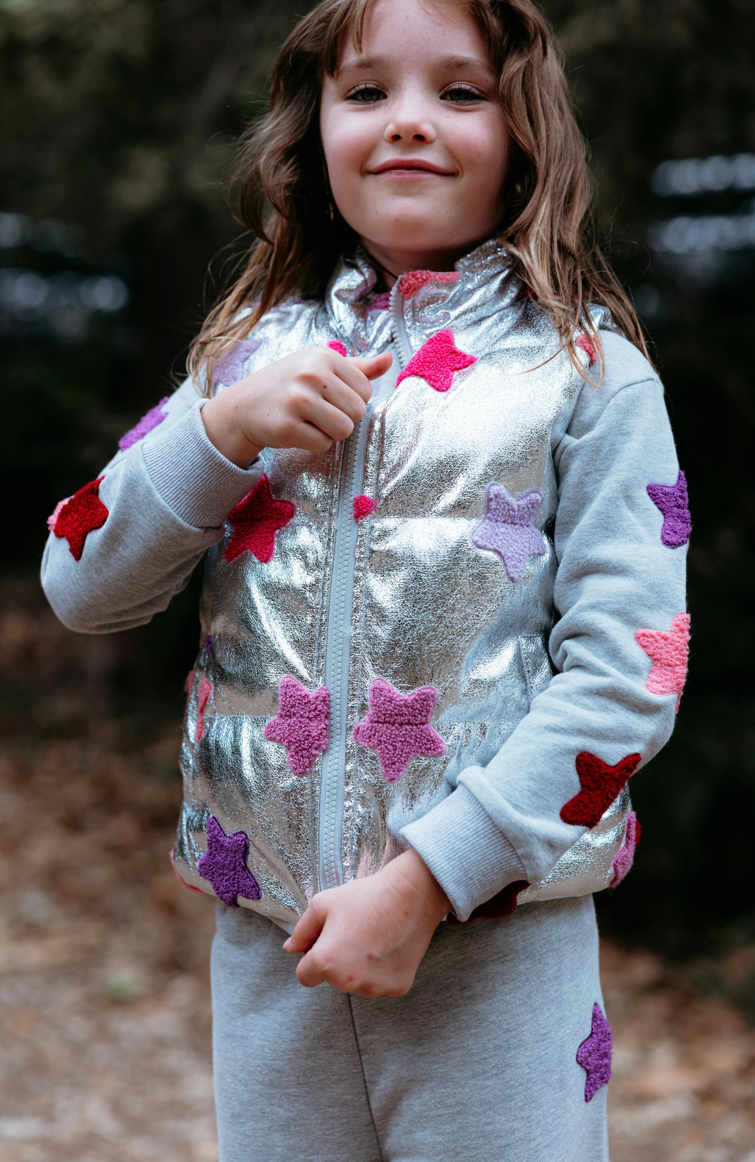 Remy Metallic Patch Puffer Vest, Silver Stars