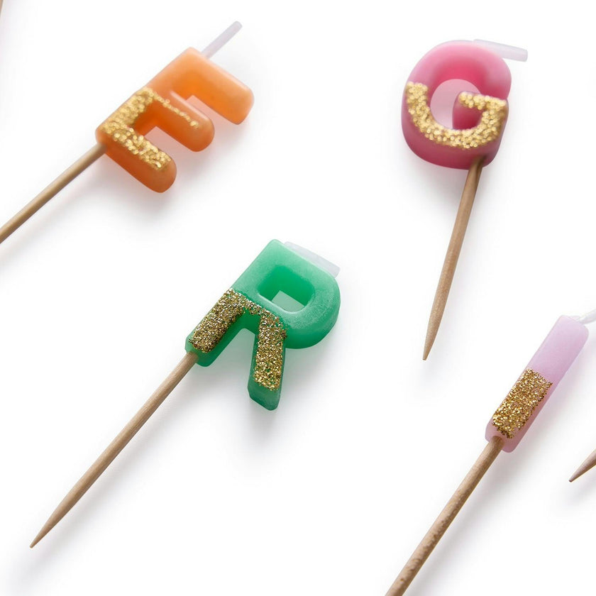 Packed Party Big Birthday Energy Glitter Letter Candle Set - Multicolor Rainbow Alphabet Candles with Gold Glitter Trim, Spell-Out Cake Candles in Gift Box
