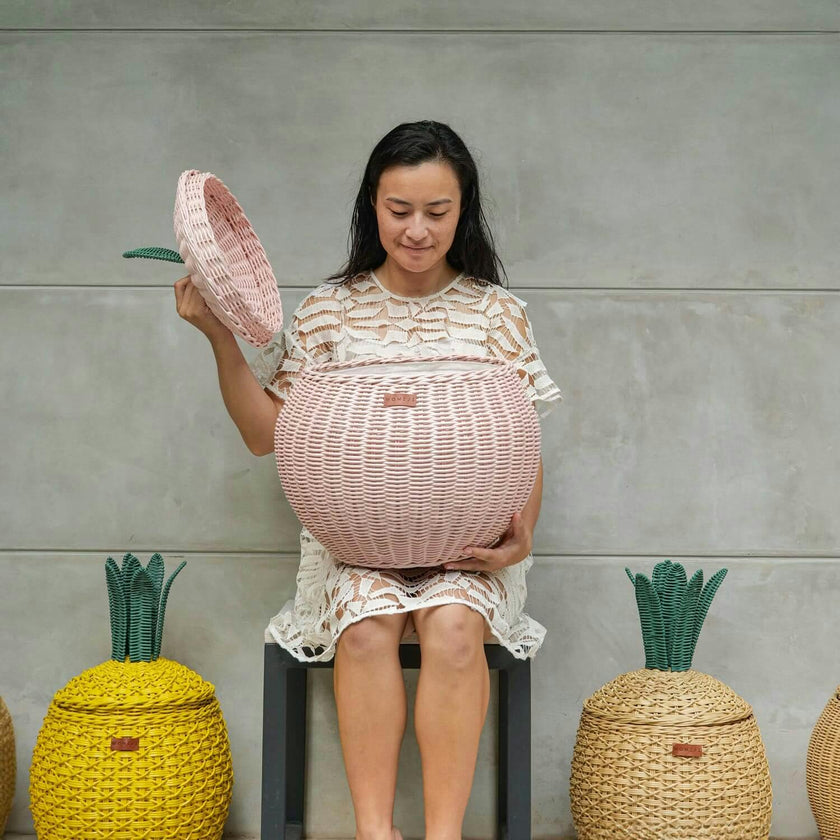 Handcrafted - Apple Storage Basket Pink (Medium) - Rattan Wicker
