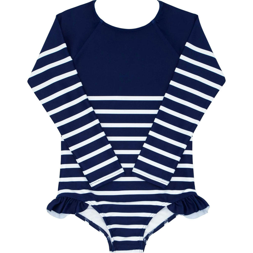 Breton Stripe Grosgrain Ribbon Back Tie One-Piece Rashguard