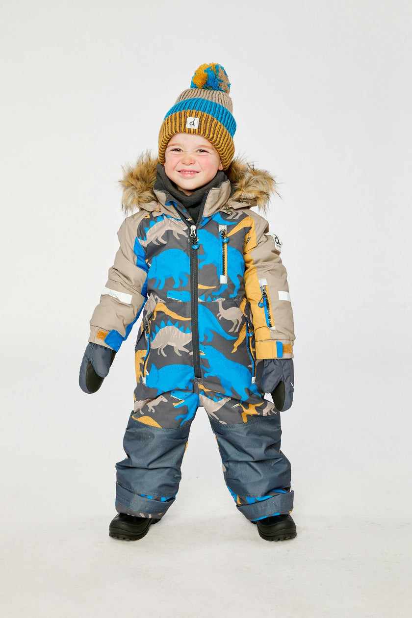 Kids One Piece Play Snowsuit Grey And Blue Dinosaur Print