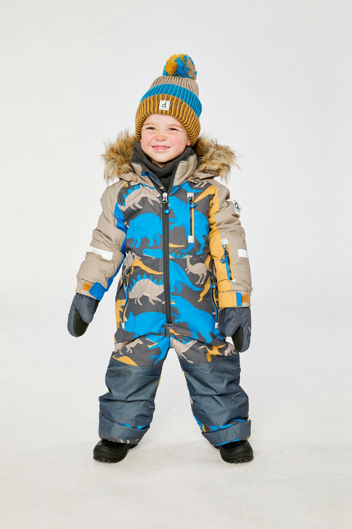 Kids One Piece Play Snowsuit Grey And Blue Dinosaur Print