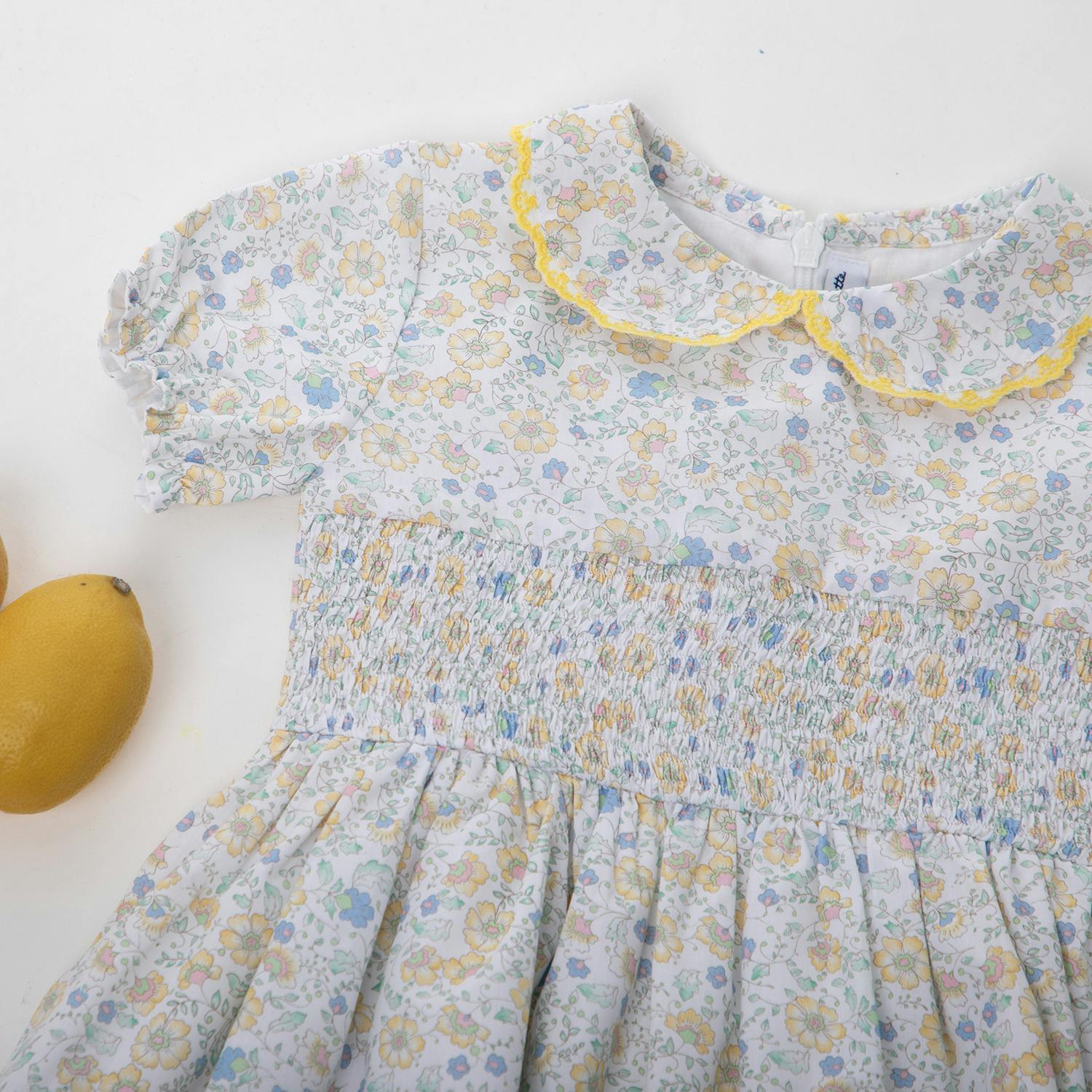 Eva Baby Dress Smock Short Sleeve, Yellow Blue Flowery