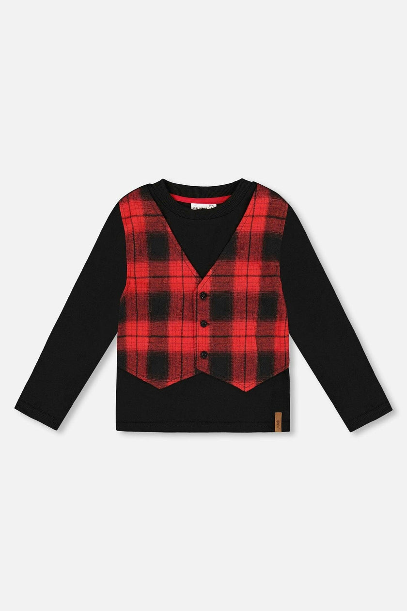 T-Shirt With Plaid Vest Red And Black