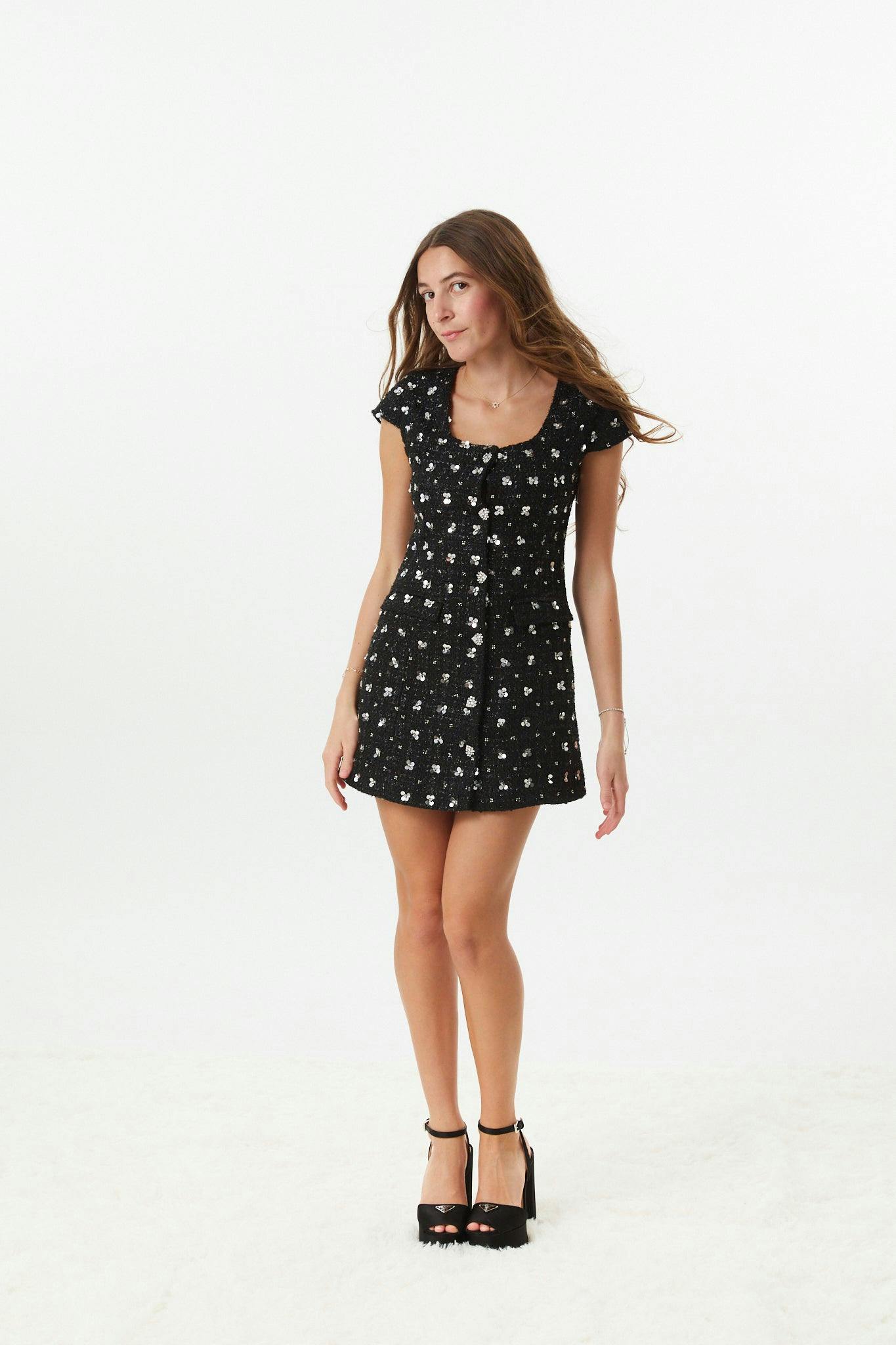 Zoe Black Dress With Silver Flowers Sequin Boucle Cap Sleeve