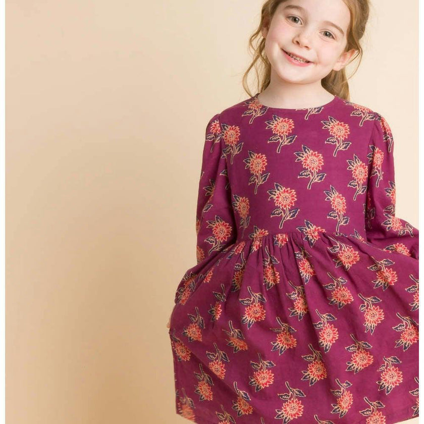 Girls' Long Sleeve Dress with Floral Motif
