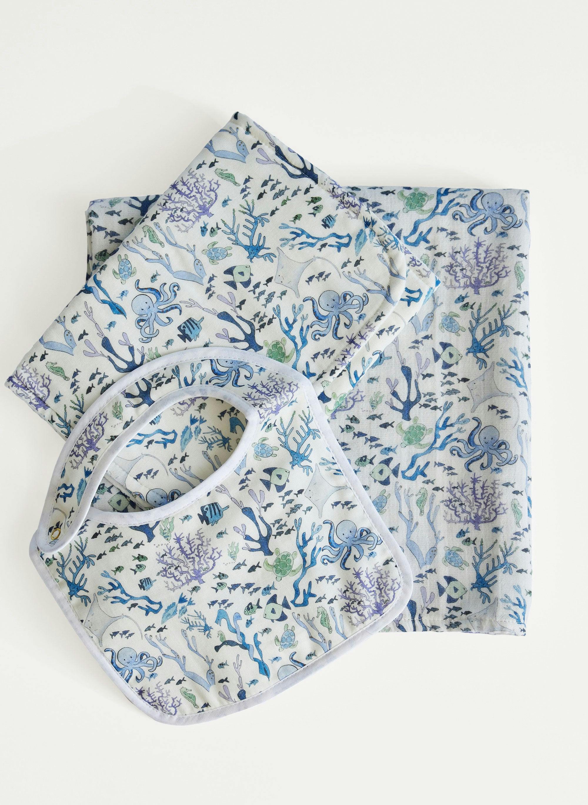 Oh Baby! Shawl Blanket, Bib & Burp Set - Coral Reef
