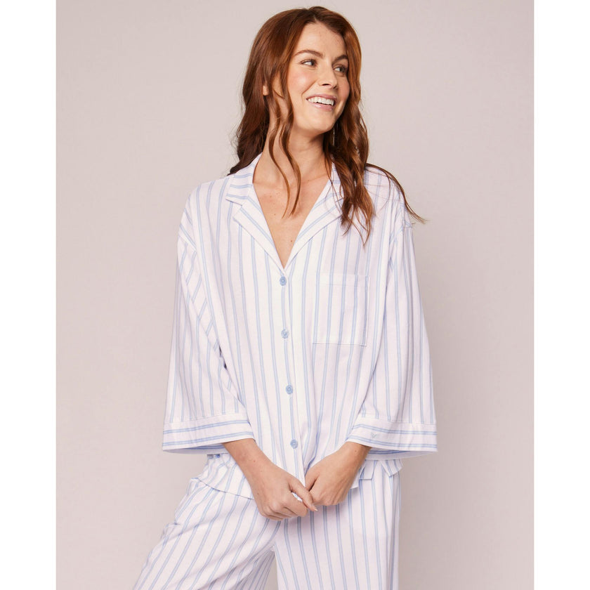 The Olivia Wide Leg Pima Pajama Set in Periwinkle Stripe