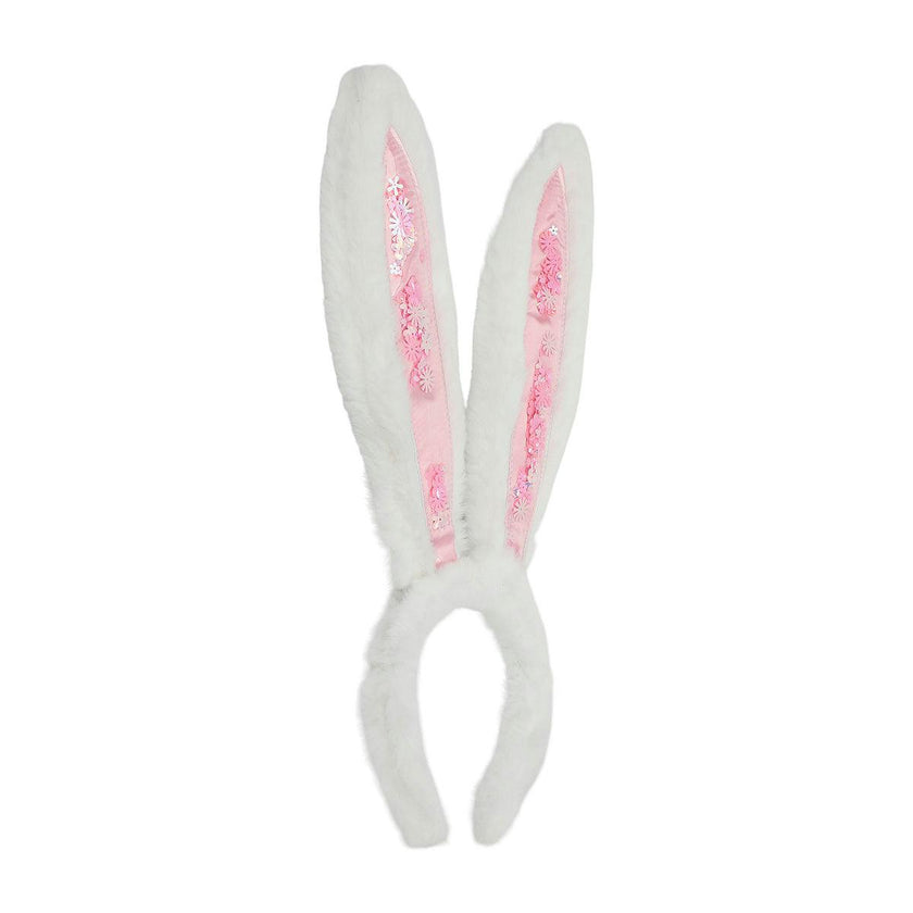 Packed Party Too Cute to Hop Plush Bunny Ears Headband - Trapped Pastel Confetti Interior with Fuzzy White Trim for Easter Parties and Spring Celebrations