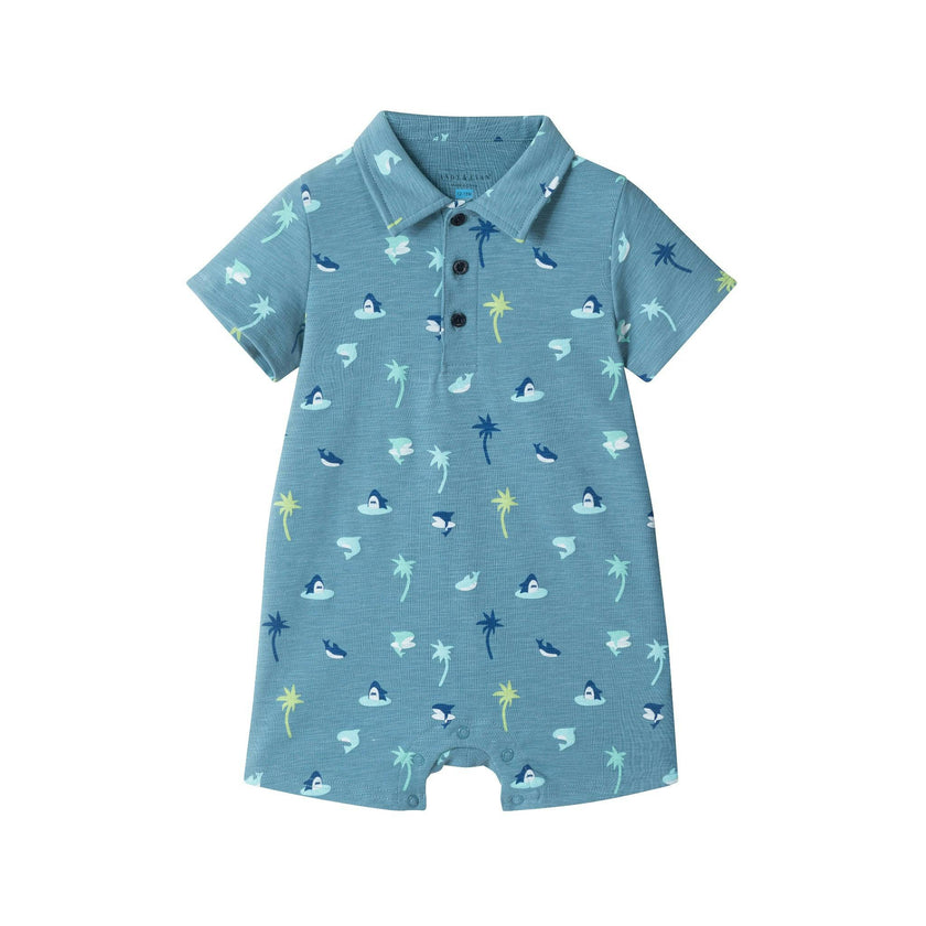 Infant Boys Blue Printed Baby Polo Romper | Blue Palm