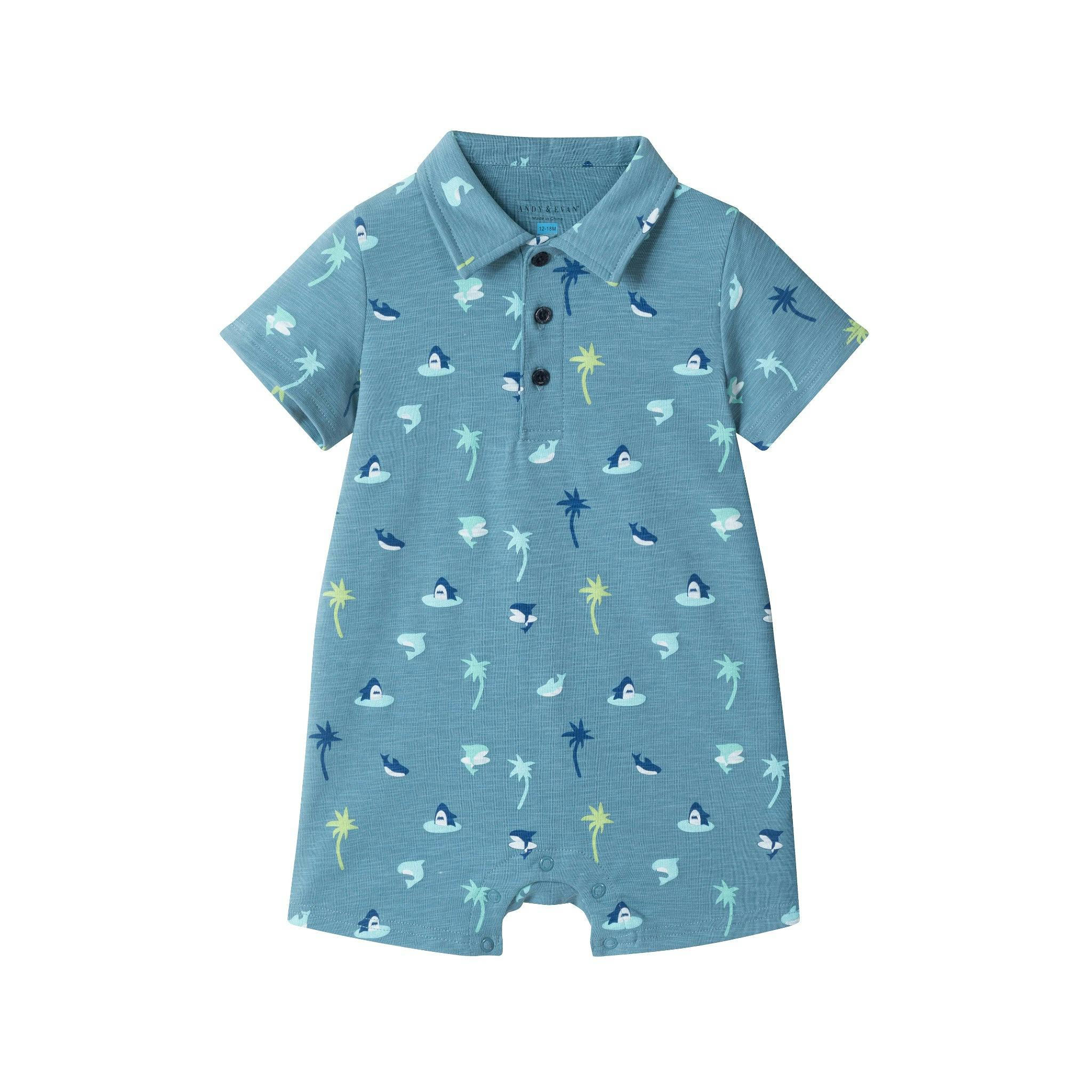Infant Boys Blue Printed Baby Polo Romper | Blue Palm