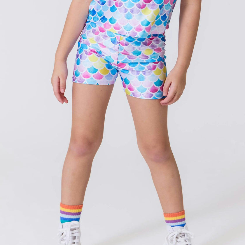 Girls Hi-Shine Booty Shorts in Watercolor Mermaid