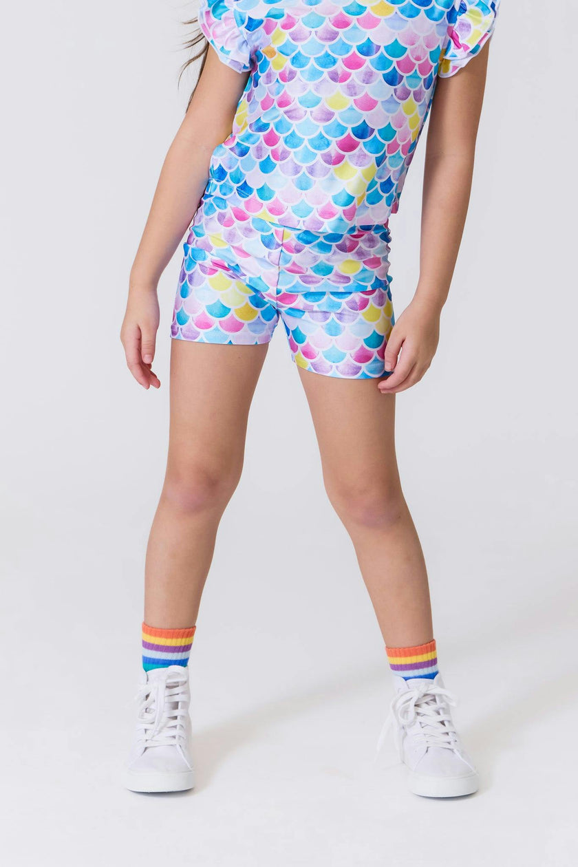 Girls Hi-Shine Booty Shorts in Watercolor Mermaid