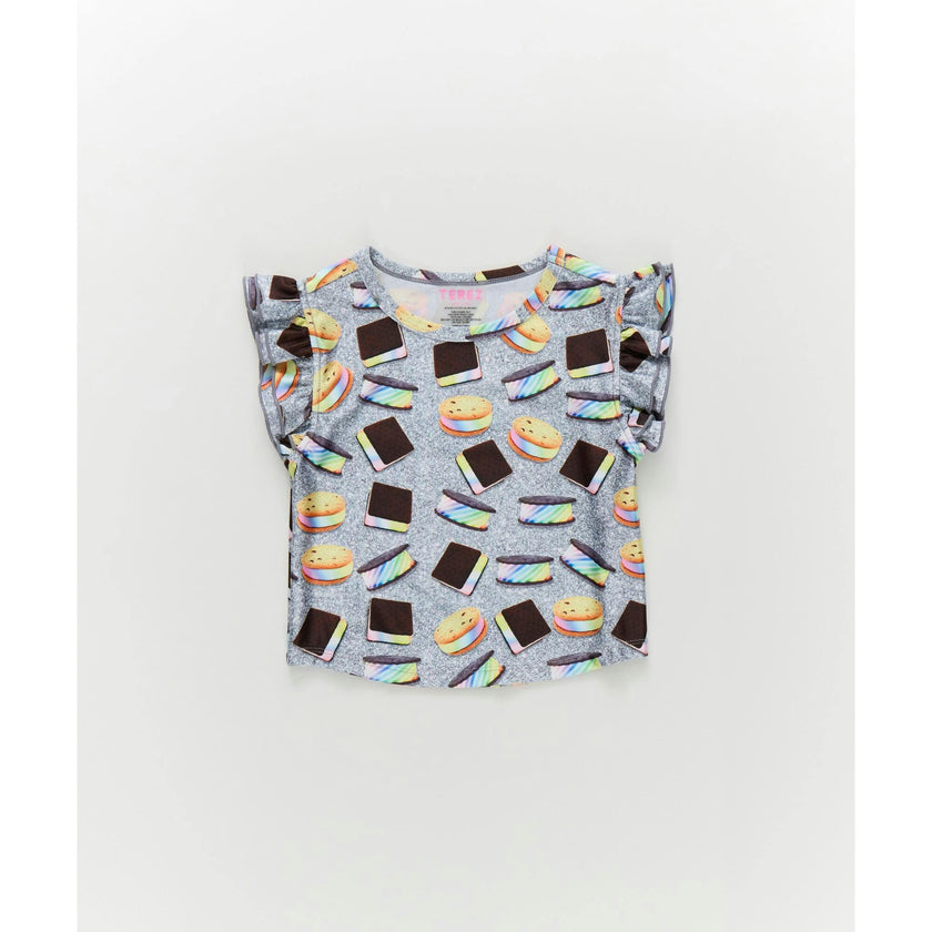 Girls Hi-Shine Ruffle Crop Top in Rainbow Ice Cream Saucers